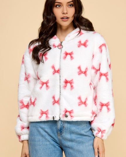 JACKET02 RIBBON PRINT FAUX FUR JACKET