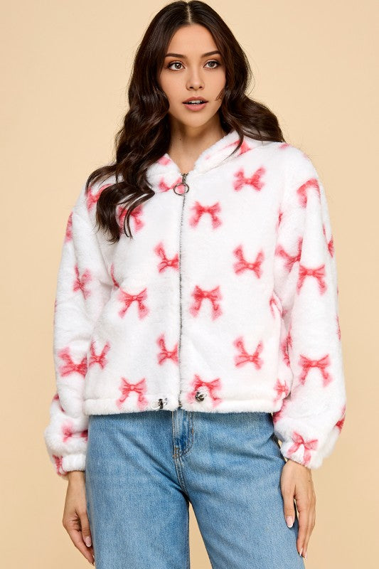 JACKET02 RIBBON PRINT FAUX FUR JACKET