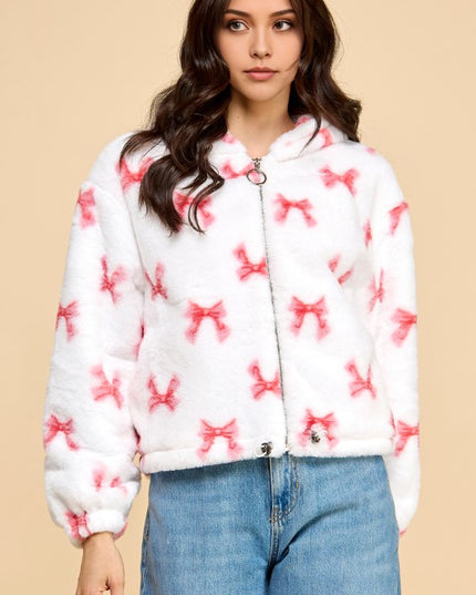 JACKET02 RIBBON PRINT FAUX FUR JACKET