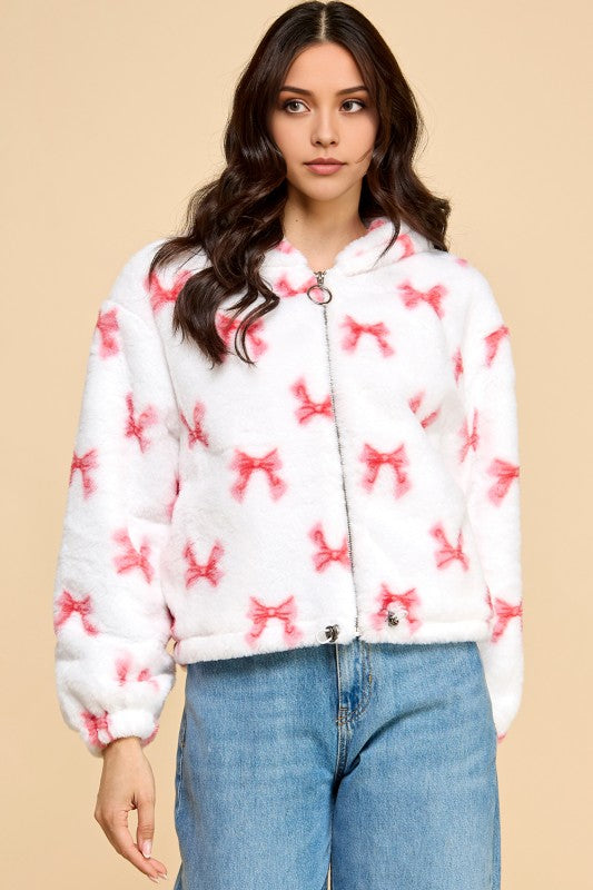 JACKET02 RIBBON PRINT FAUX FUR JACKET