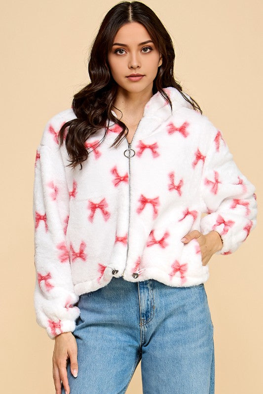 JACKET02 RIBBON PRINT FAUX FUR JACKET