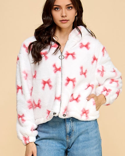 JACKET02 RIBBON PRINT FAUX FUR JACKET