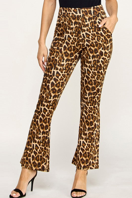 SCUP18B-T LEOPARD PRINT BELL BOTTOM PANTS