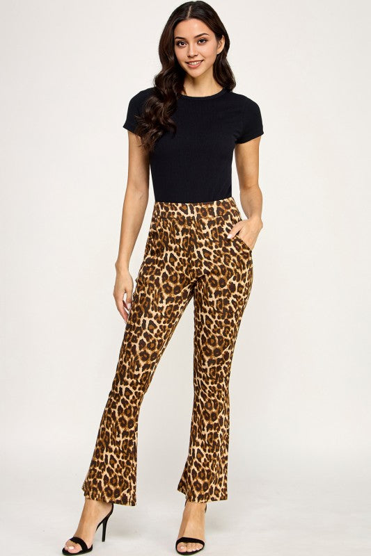 SCUP18B-T LEOPARD PRINT BELL BOTTOM PANTS