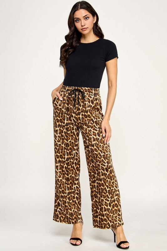 SJS05T LEOPARD PRINT DRAWSTRING WIDE LEG PANTS