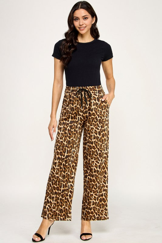 SJS05T LEOPARD PRINT DRAWSTRING WIDE LEG PANTS