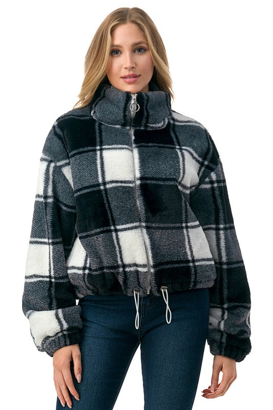 Check Faux Fur Jacket – Oversized Plush Coat