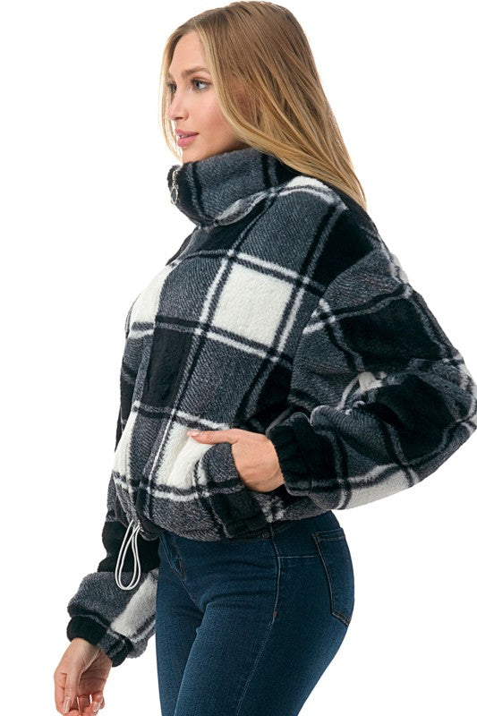 Check Faux Fur Jacket – Oversized Plush Coat