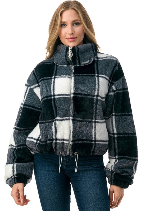 Check Faux Fur Jacket – Oversized Plush Coat