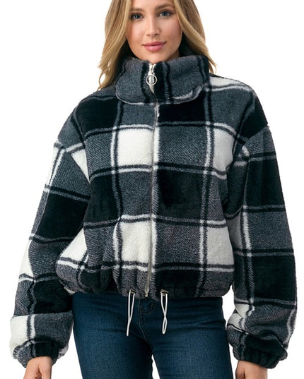 Check Faux Fur Jacket – Oversized Plush Coat