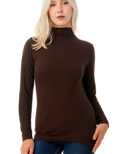 Solid Fleece Mock Neck Top – Fitted Cozy Long Sleeve