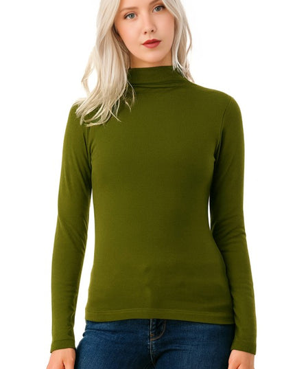 Solid Fleece Mock Neck Top – Fitted Cozy Long Sleeve