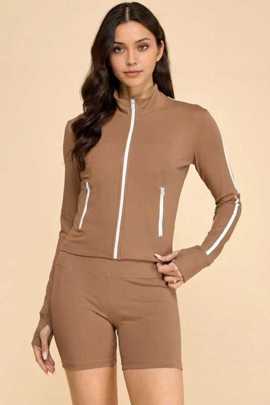 LU705SET YOGA FABRIC CONTRAST JACKET & SHORT SETS