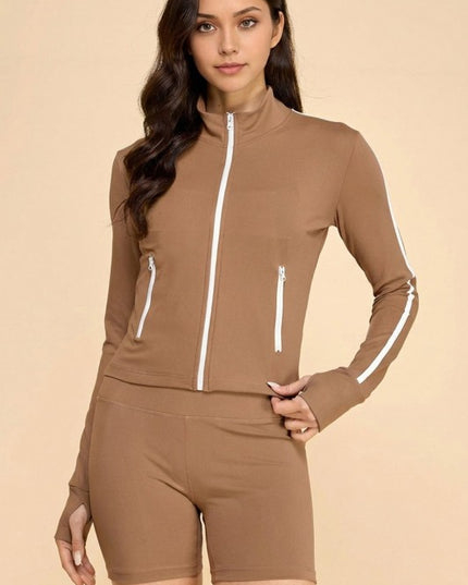 LU705SET YOGA FABRIC CONTRAST JACKET & SHORT SETS