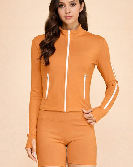 LU705SET YOGA FABRIC CONTRAST JACKET & SHORT SETS