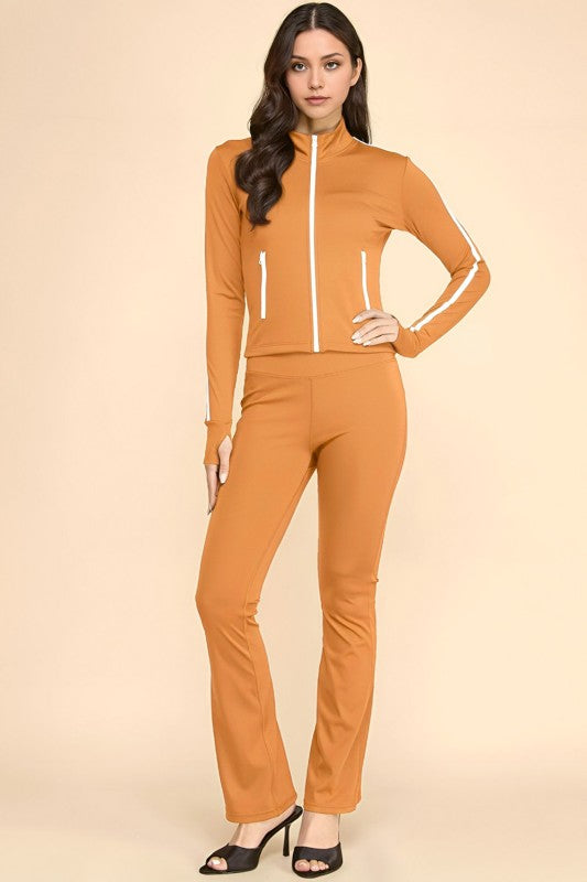 LU701-SET YOGA FABRIC CONTRAST JACKET & YOGA FLARE PANT SETS