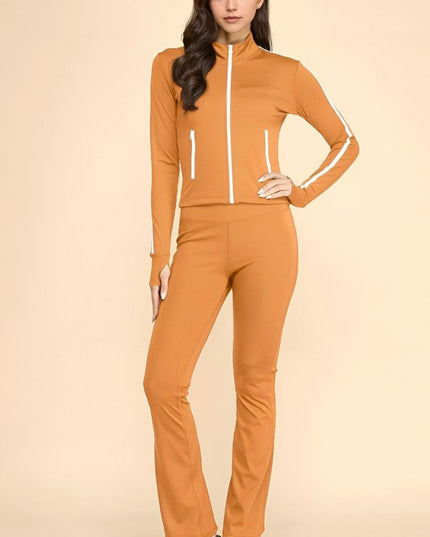 LU701-SET YOGA FABRIC CONTRAST JACKET & YOGA FLARE PANT SETS