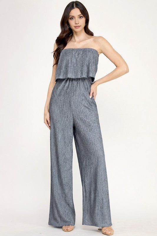 HK903 CRINKLE OFF SHOULDER  JUMPSUITS