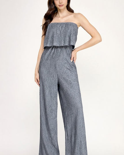 HK903 CRINKLE OFF SHOULDER  JUMPSUITS