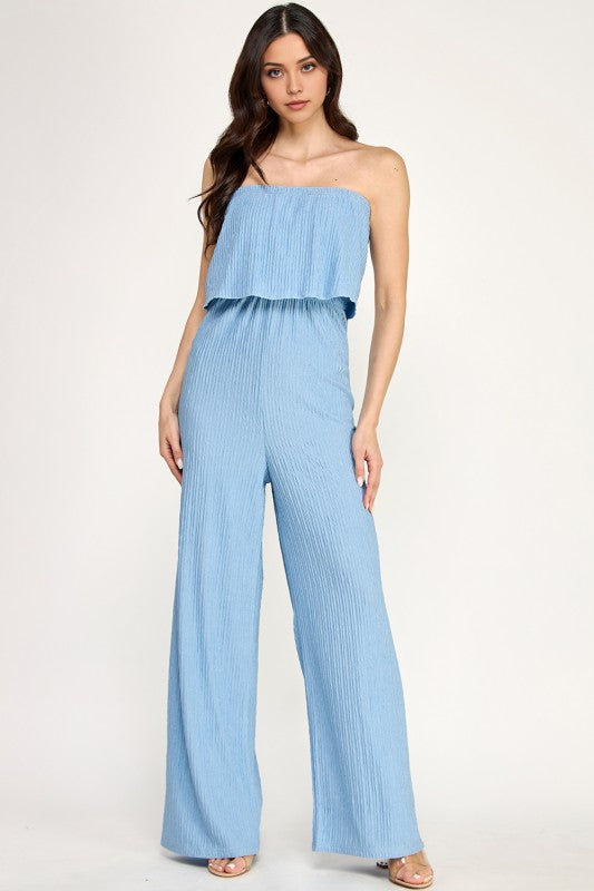 HK903 CRINKLE OFF SHOULDER  JUMPSUITS