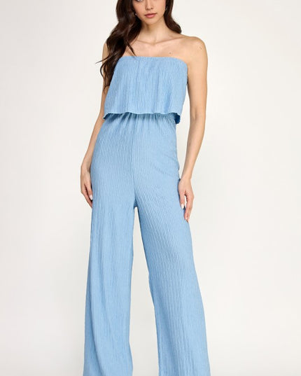 HK903 CRINKLE OFF SHOULDER  JUMPSUITS
