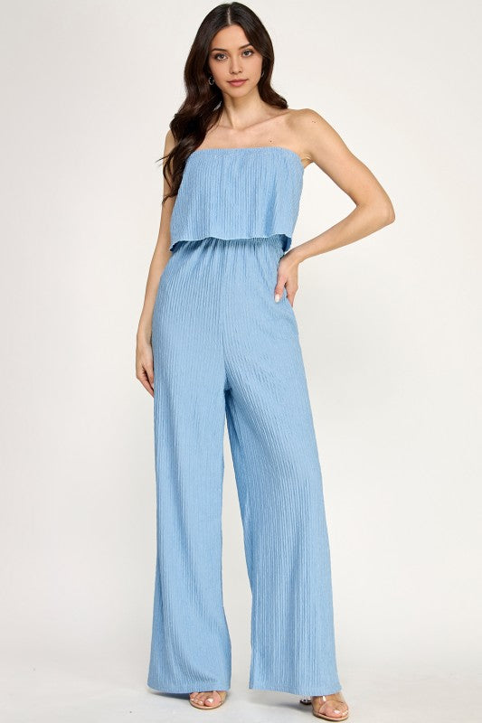 HK903 CRINKLE OFF SHOULDER  JUMPSUITS