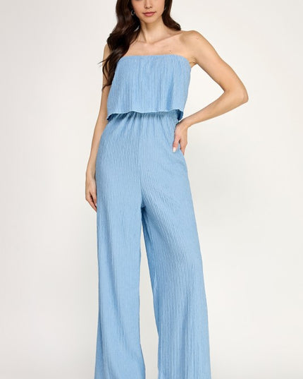 HK903 CRINKLE OFF SHOULDER  JUMPSUITS