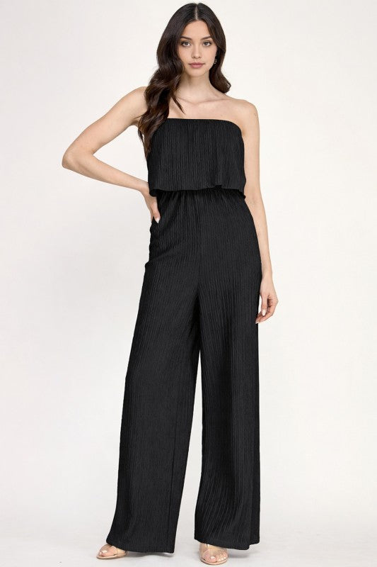 HK903 CRINKLE OFF SHOULDER  JUMPSUITS