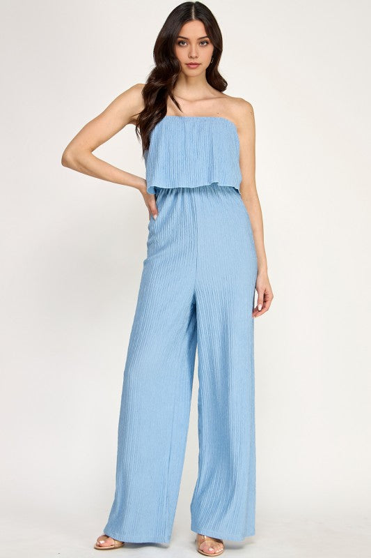 HK903 CRINKLE OFF SHOULDER  JUMPSUITS