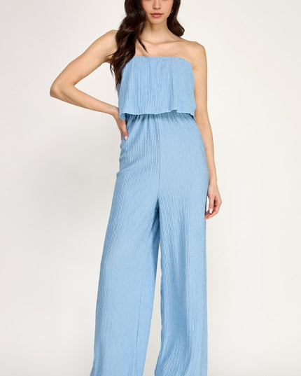 HK903 CRINKLE OFF SHOULDER  JUMPSUITS