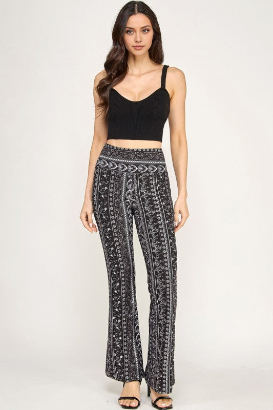 High Waist Patterned Flare Pants With Stretch Comfort