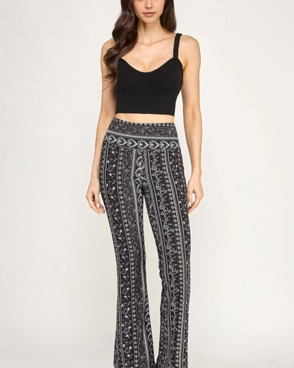 High Waist Patterned Flare Pants With Stretch Comfort