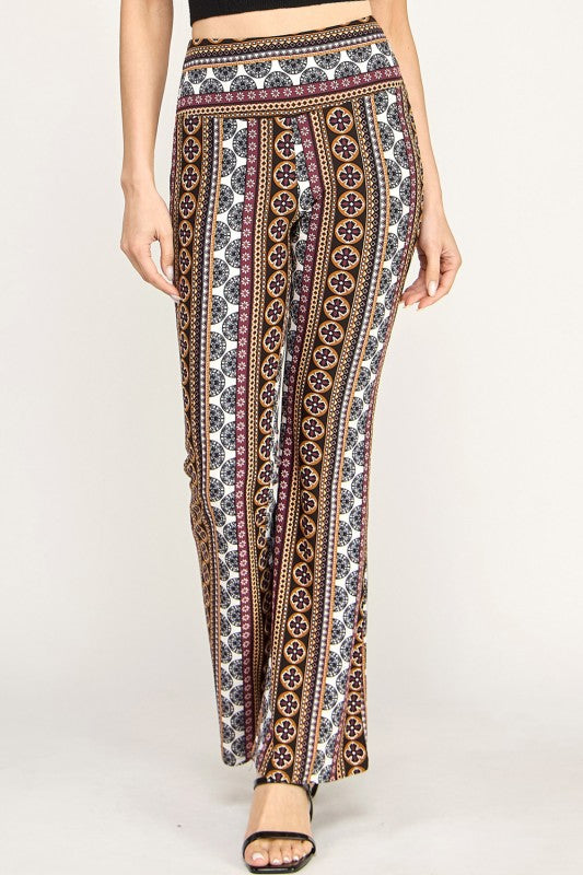 High Waist Patterned Flare Pants With Stretch Comfort