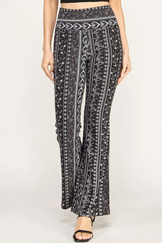 High Waist Patterned Flare Pants With Stretch Comfort