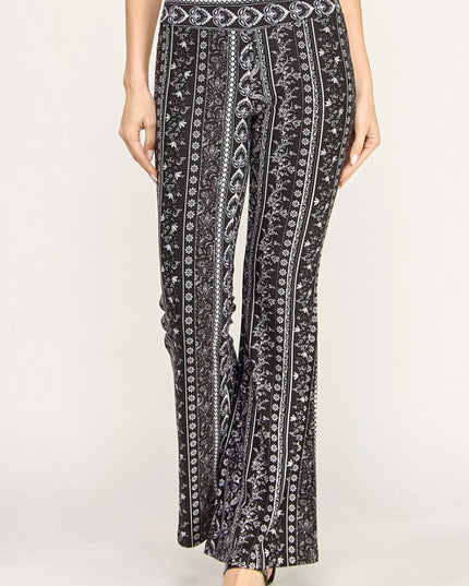 High Waist Patterned Flare Pants With Stretch Comfort