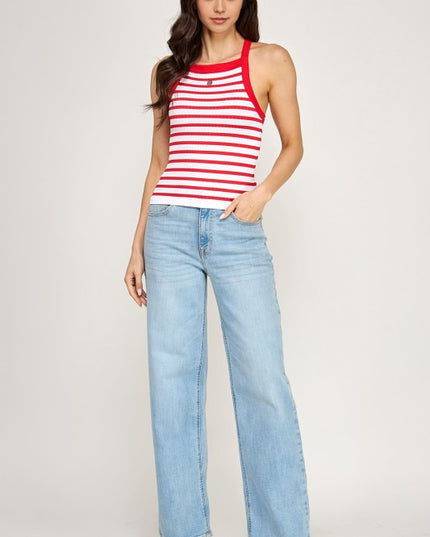 PT55S STRIPE HALTER NECK TANK TOP