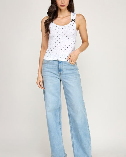 PT69 POLKADOT TANK TOP WITH RIBBON TRIM