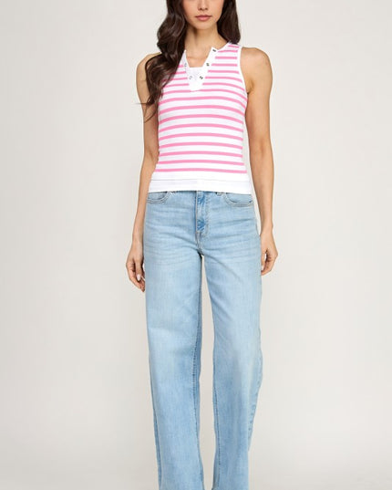PT73 STRIPE BUTTTON TRIM TANK TOP