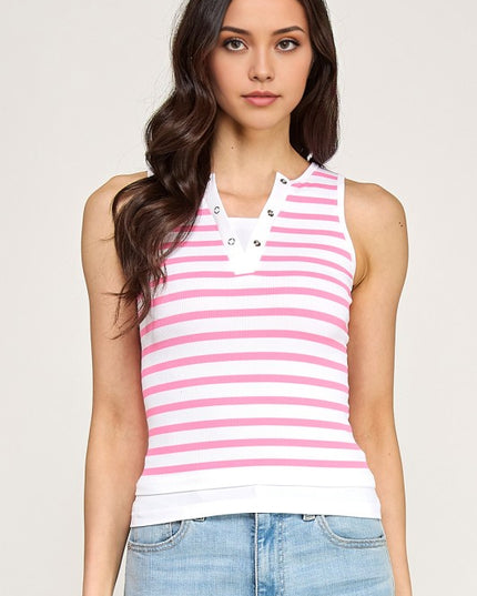 PT73 STRIPE BUTTTON TRIM TANK TOP