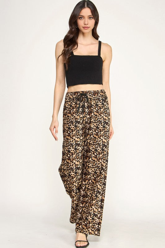 SJS05T LEOPARD PRINT STRETCH SCUBA DRAWSTRING STRAIGHT PANTS