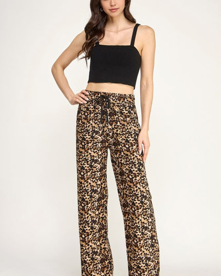 SJS05XT PLUS SIZE LEOPARD PRINT SCUBA DRAWSTRING STRAIGHT LEG PANTS