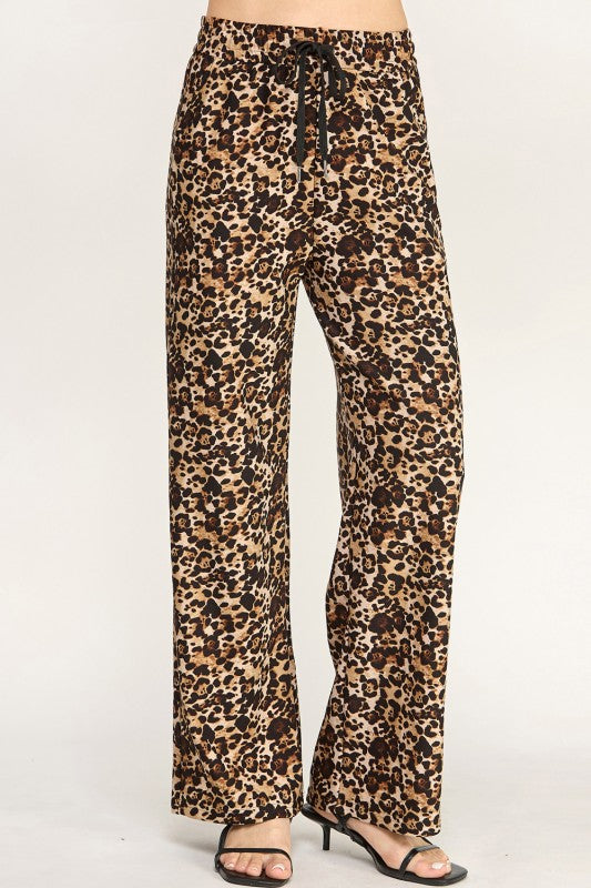SJS05XT PLUS SIZE LEOPARD PRINT SCUBA DRAWSTRING STRAIGHT LEG PANTS