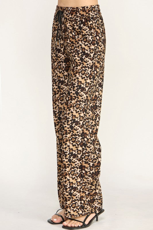 SJS05T LEOPARD PRINT STRETCH SCUBA DRAWSTRING STRAIGHT PANTS