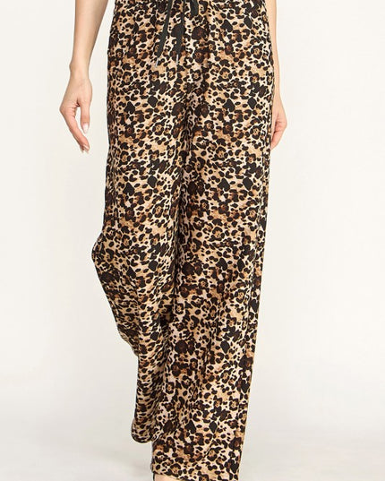 SJS05XT PLUS SIZE LEOPARD PRINT SCUBA DRAWSTRING STRAIGHT LEG PANTS