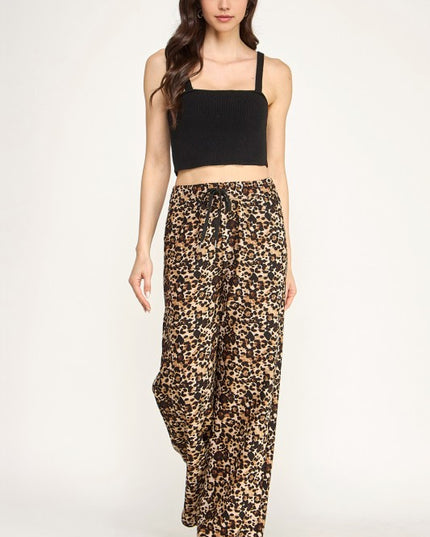 SJS05XT PLUS SIZE LEOPARD PRINT SCUBA DRAWSTRING STRAIGHT LEG PANTS
