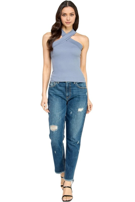 Fitted Halter Tank Top – Criss Cross Front Detail