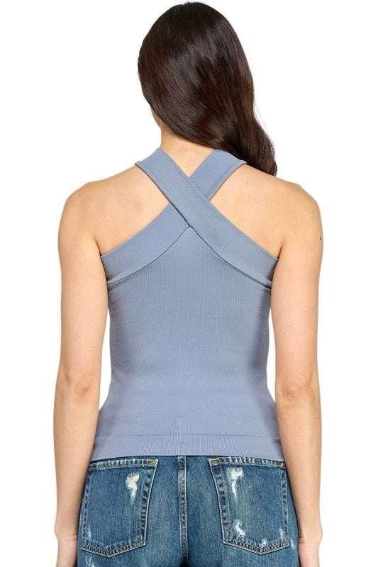 Fitted Halter Tank Top – Criss Cross Front Detail