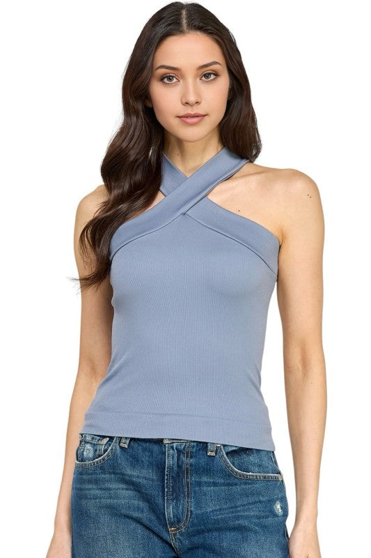 Fitted Halter Tank Top – Criss Cross Front Detail