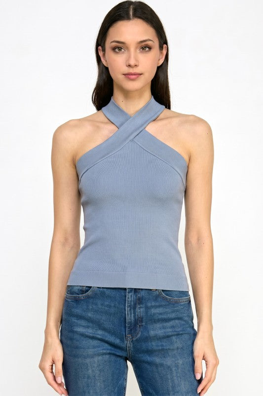 Fitted Halter Tank Top – Criss Cross Front Detail