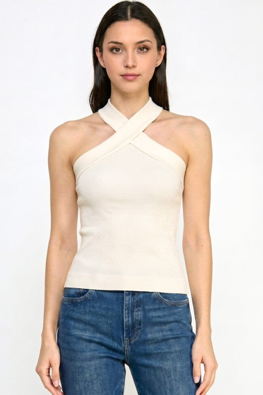 Fitted Halter Tank Top – Criss Cross Front Detail